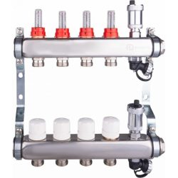 Коллекторная группа с расходомерами, сливным краном и автомат.возд-ком,нерж. сталь 1"х6х3/4(AQUALINK