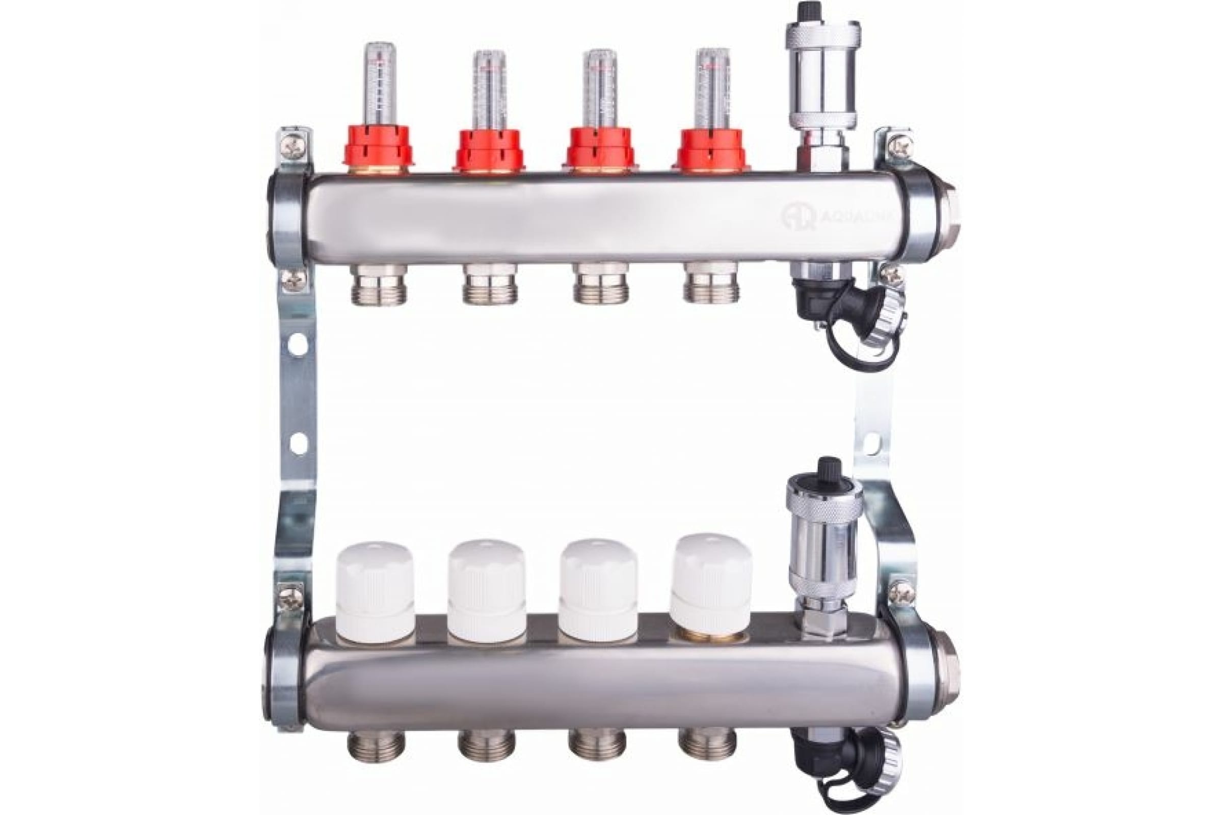 Коллекторная группа с расходомерами, сливным краном и автомат.возд-ком,нерж. сталь 1"х6х3/4(AQUALINK