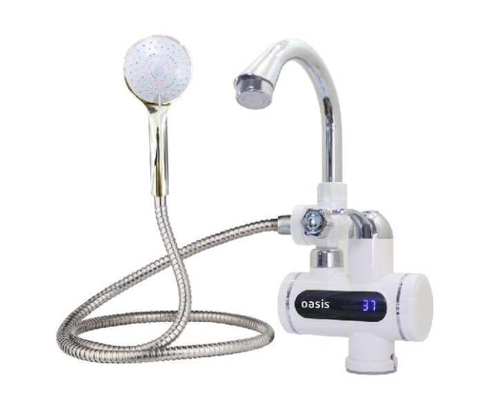Проточный электрический водонагреватель Oasis EP-3, душ+кран, белый/серебристый